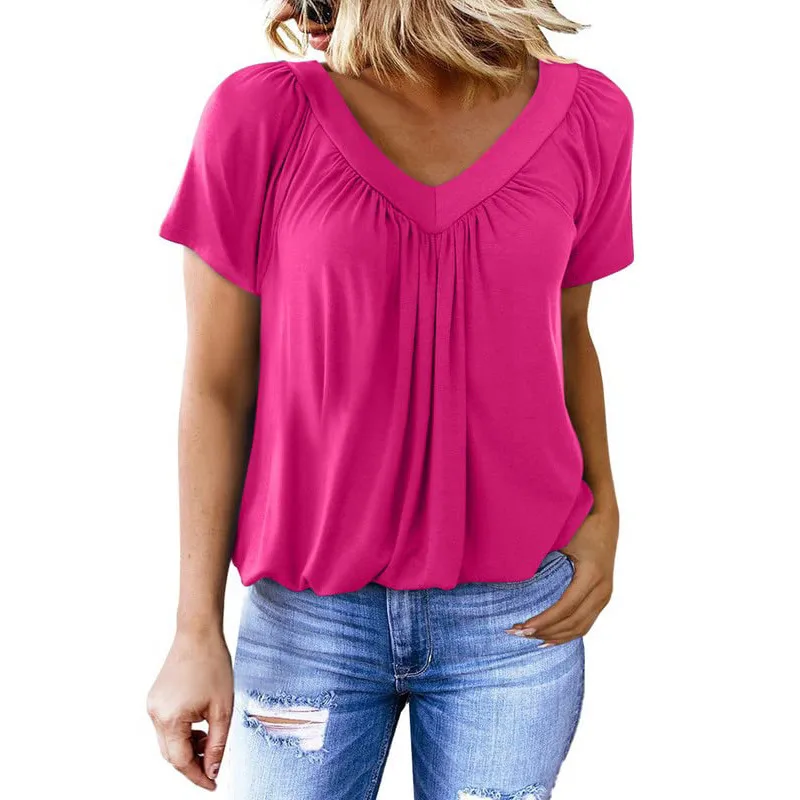 Trade   Women's T-shirt New Casual Pleated Solid Color V-neck Short Sleeve T-shirt Women's Loose