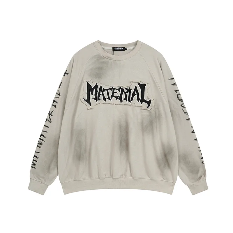 Jiayiku Men's  New Waste Earth Style American Street Fashion Brand Washed Dirty Dye Cloth Embroidered Crewneck Sweater