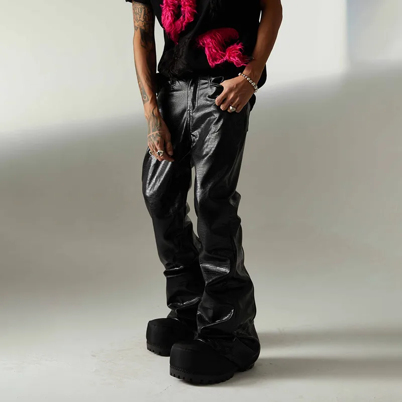 Jiayiku Fashion Brand  Autumn New High Street American Motorcycle Leather Pants Micro-la Niche Crocodile Pattern Wide-leg Pants