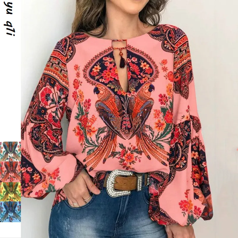 Spring And Summer New Women's Personalized Women's Digital Printing Round Neck Lantern Sleeve Shirt 5006 A Large Number Of Spot