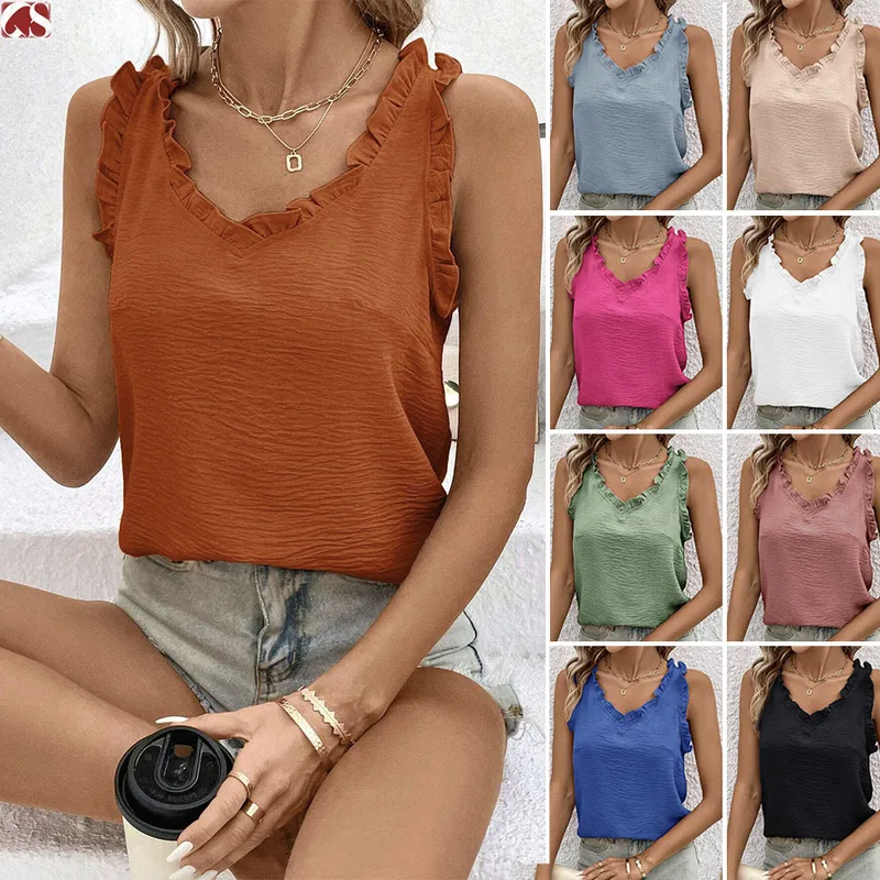Foreign Trade    Women's Top V-neck Ruffled Solid Color Women's Sweet Sleeveless Vest