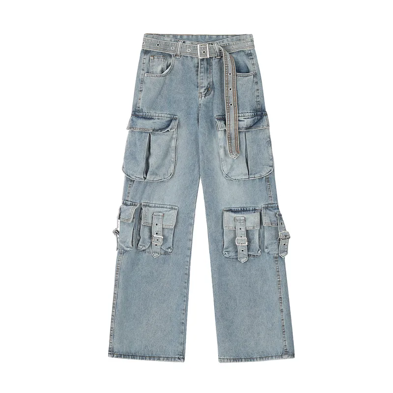 Jiayiku Fashion Brand Chic  Retro Multi-pocket Design Tooling Jeans Straight Loose Wide-leg Mop Pants