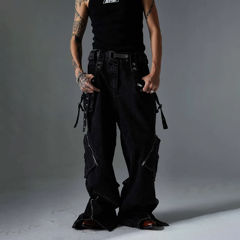 Jiayiku Men's Wear ∠ American-style High Street Trendy Cordwork Jeans Loose Straight Multi-pocket Zipper Casual Pants