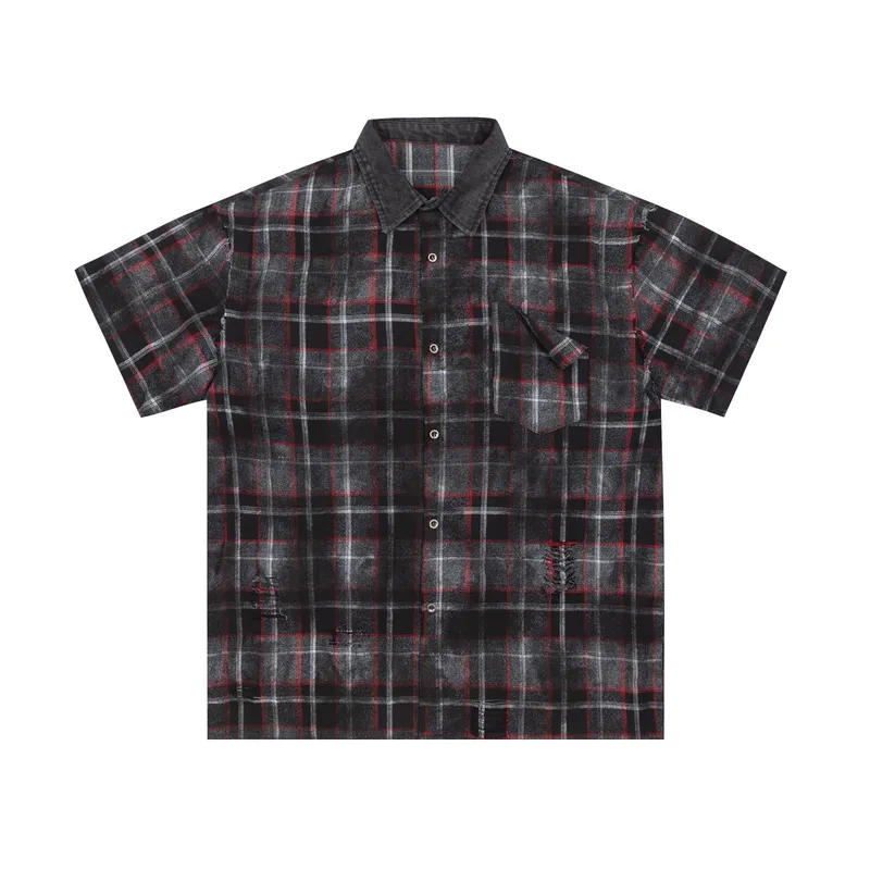 Jiayiku Men's  Vintage New Style Trendy Loose Shirt Plaid Tie-dyed Denim Stitching Casual Short-sleeved Shirt