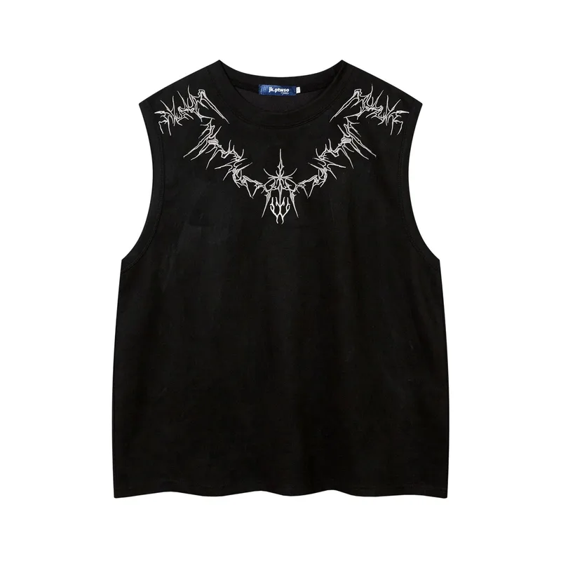 Jiayiku   Street Fashion Brand Vest Suede Heavy Embroidery Summer New Loose Sleeveless T-shirt