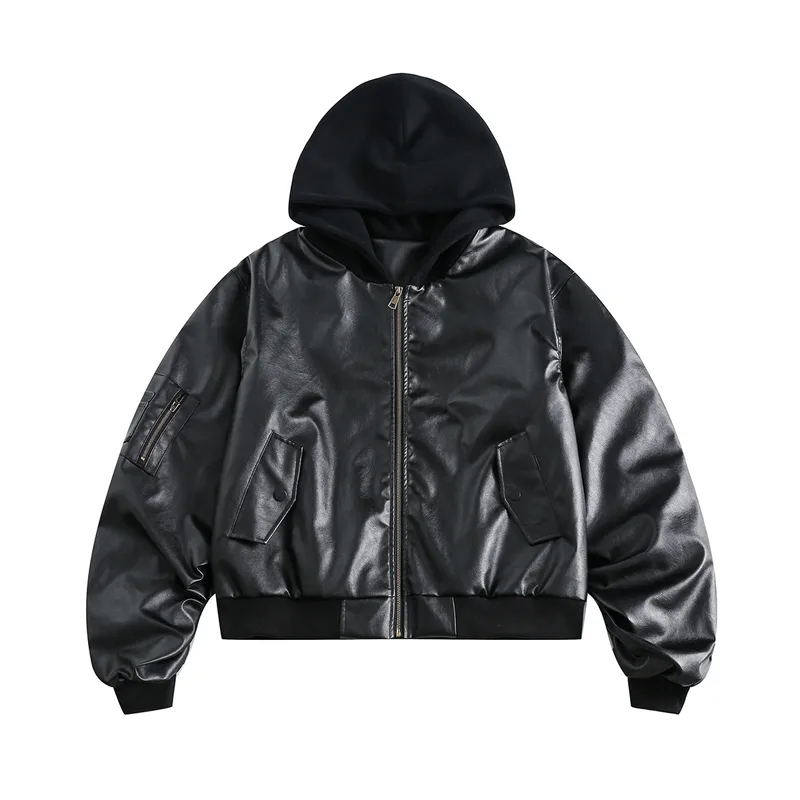 Jiayiku Men's Clothing Vintage  Spring New American Retro Baseball Uniform Motorcycle PU Leather Jacket Hooded Jacket