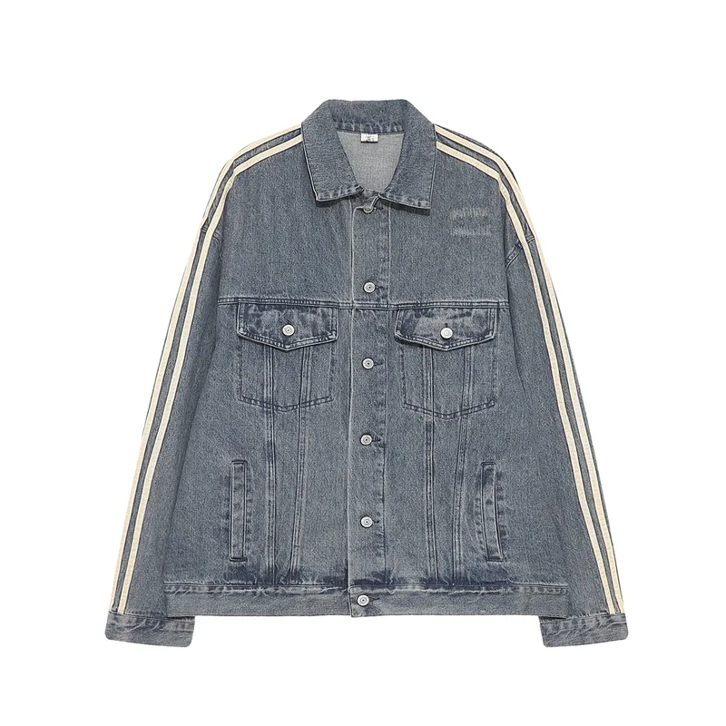 Jiayiku Fashion Brand Chic American Retro Heavy Washed Striped Stitching Lapel Denim Jacket New Workwear Coat