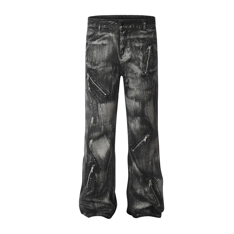 American Vintage Paint Brush Washed Distinctive Cleanfit Micro-jeans Men's Trendy Zipper Design Vibe Pants