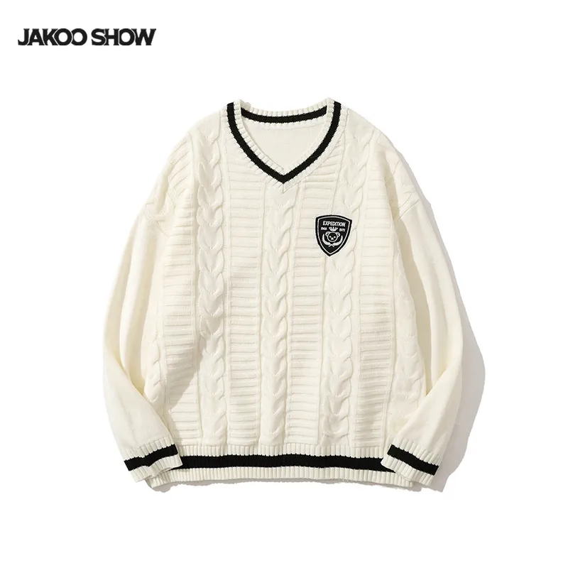 Jiayiku Fashion Brand Vintage Preppy Style V-neck Sweater Badge JK Uniform Twisted Flower Bottoming Long Sleeve Sweater