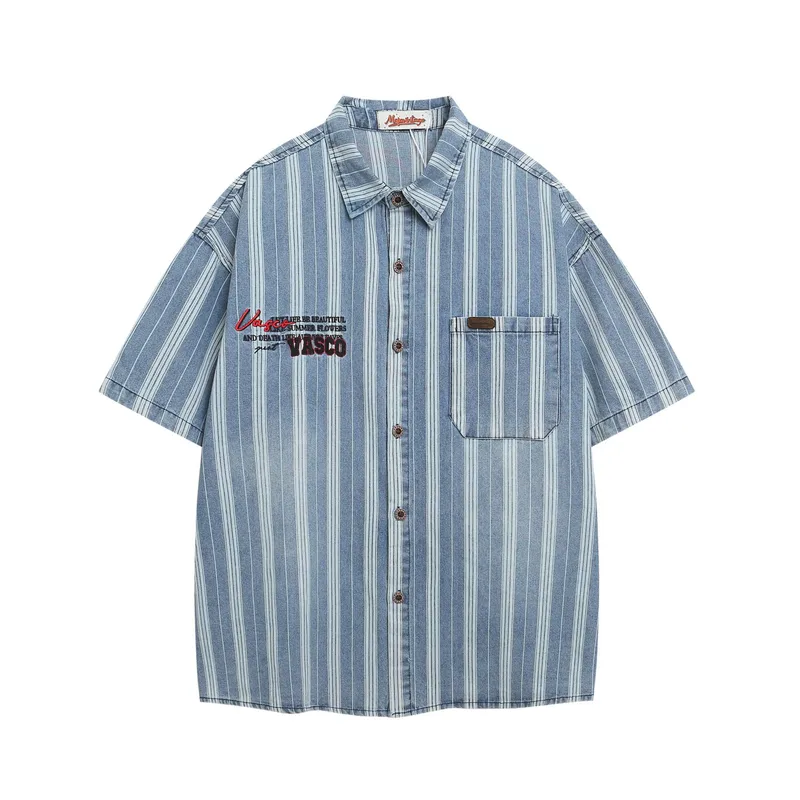 Jiayiku Men's Clothing  New American Mid-Century Trend Brand Washed Distressed Denim Striped Shirt Short Sleeve Vintage