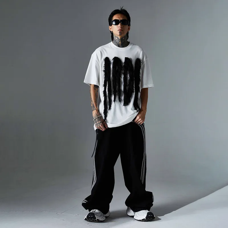 Jiayiku Men's T-Shirt Summer American Retro Hip-Hop Trendy Brand Heavy Fur Splicing Personalized Trendy T-Shirt Short Sleeves