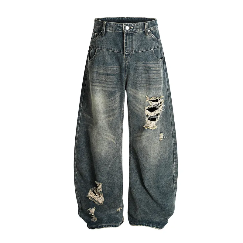 Jiayiku Trendy Brand  American Scimitar Pants Retro Washed Ripped Jeans Men's Straight-Leg Personalized Wide-Leg Pants