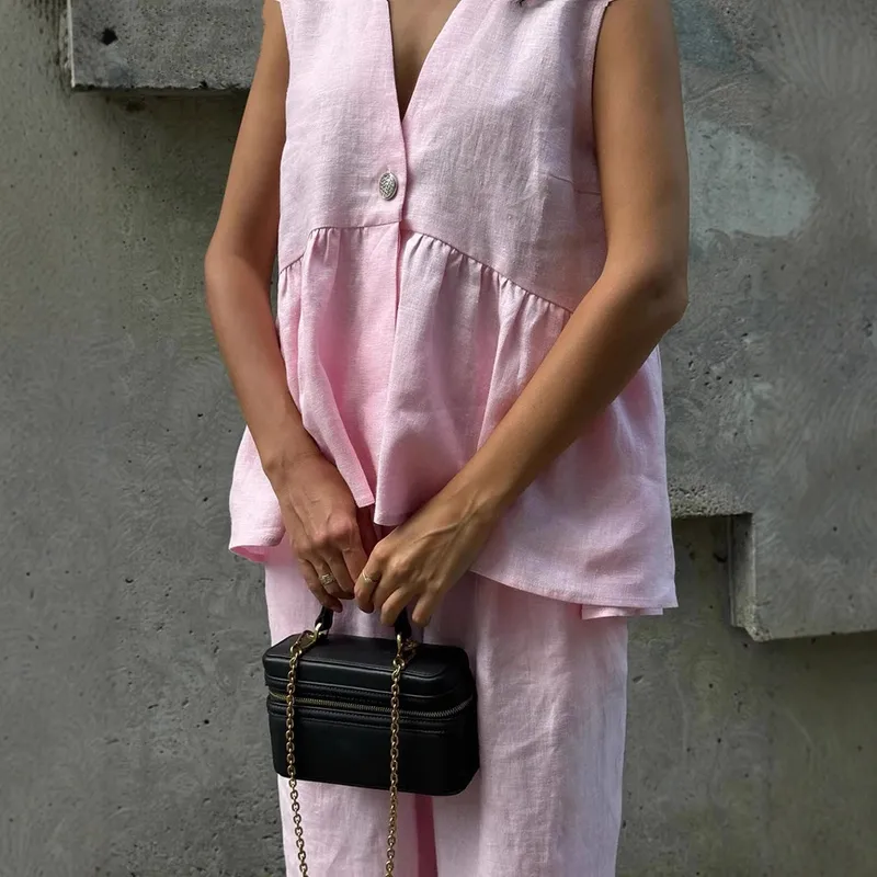 Cotton V-neck Sleeveless Top Vest Pants Suit Women's  New Solid Color Elegant Commuter Two-piece Set