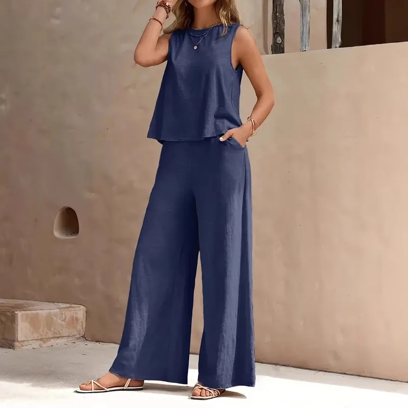 Europe And The United States  Solid Color Elegant Two-piece Crew Neck Vest And Wide Leg Pants Suit Women's Clothing