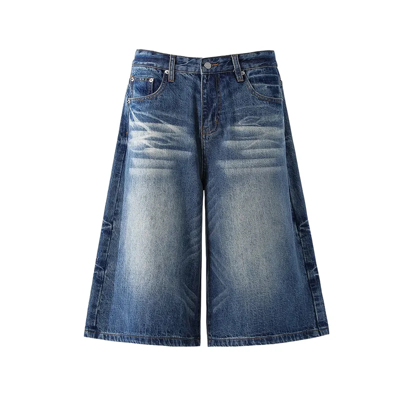 Jiayiku Trendy Summer Shorts American Retro Washed Denim Straight-Leg Unisex Personality Simple Cropped Pants
