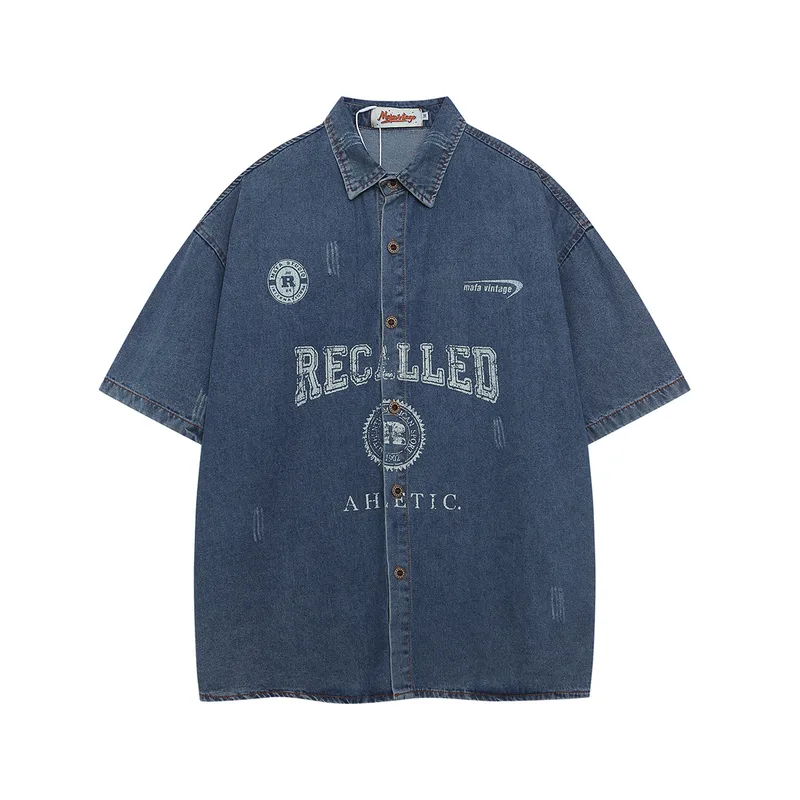 Jiayiku Men's  Summer Shirt American Retro Ins Trend Washed Denim Short Sleeve Loose Jacket