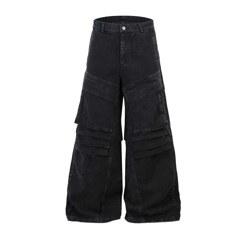 Men's American Street Style Mecha Heavy-Duty Workwear Jeans High Street Ro Style Washed Loose Wide-Leg Pants