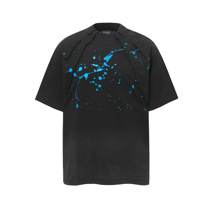 Jiayiku  Summer T-Shirt Men's American Retro Trendy Brand Burnt Flower Hole Heavy Industry Raw Edge Washed T-Shirt Short-Sleeved Men