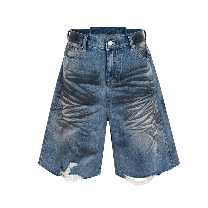 Jiayiku Men's Wear Waste Soil Dirty Dyed American High Street Heavy Washing Destruction Denim Pants Men's Wide Leg Shorts
