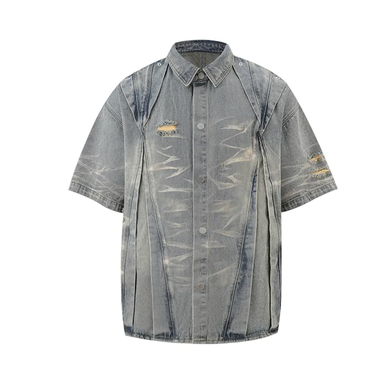 Jiayiku Men's  Summer New Style Niche Pleated Design Washed Denim Shirt Handsome Jacket Short Sleeve