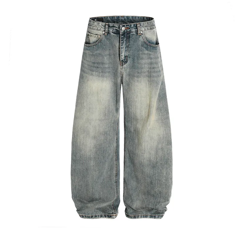 Jiayiku Men's  New High Street American Scimitar Pants Retro Washed Jeans Men's And Women's Vibe Wide Leg Pants