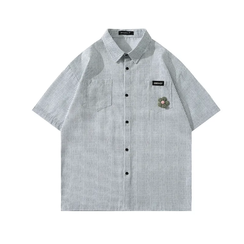 Jiayiku Men's  Summer Shirt New Style Retro Vintage Campus Style Floral Stripesd Shirt Short Sleeves