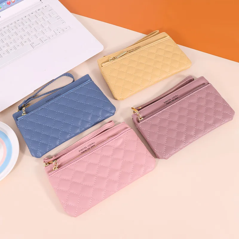 LENGRUI New Double Zipper Leather Bag Long Wallet Women's Simple Large Capacity Zipper Clutch Bag