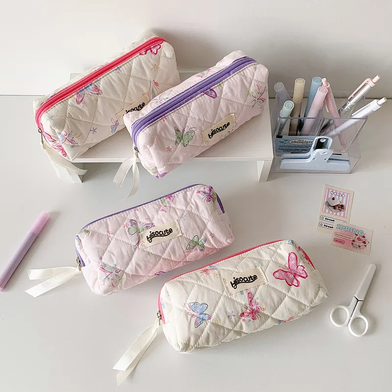 Cream Style Quilted Butterfly Pencil Bag Student Sweet Pencil Bag Portable Stationery Storage Bag Cosmetic Storage Bag For Women