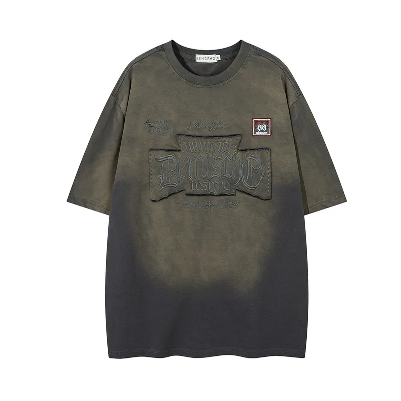 Jiayiku Men's Summer Short-Sleeved T-Shirt Pure Cotton American Hip-Hop Trendy Brand Retro Washed Cotton Embroidered T-Shirt Short-Sleeved