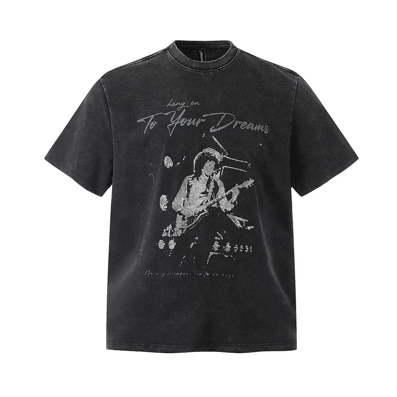 Jiayiku Men's  Summer Pure Cotton T-shirt American Street Hip Hop Fashion Brand T-shirt Dark Style Washed T-shirt