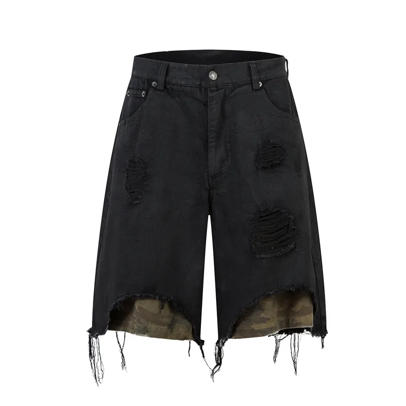 Jiayiku Fashion Brand  Advanced Sense RO Style Five-point Pants Men's American Style Street Washing Rags Denim Pants Straight Pants
