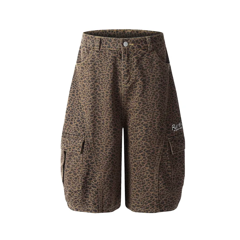 Jiayiku Fashion Brand  High Street Vibe Leopard Print Denim Shorts Men And Women RO Fashion Loose Machete Cropped Pants