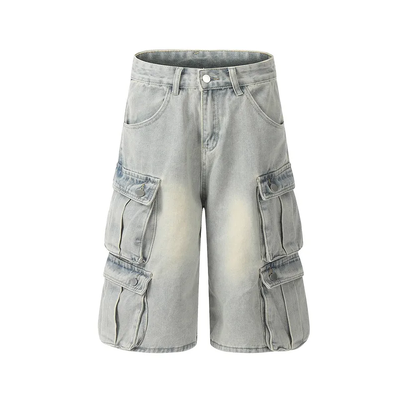 Jiayiku Men's Summer Cropped Pants American Retro Washed Work Jeans Straight Vibe Wide-Leg Shorts
