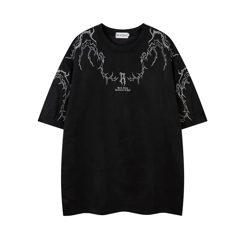Jiayiku  Summer T-Shirt Men's American Street Fashion Brand  Tee Thorn Embroidered Suede Short-Sleeved T-Shirt