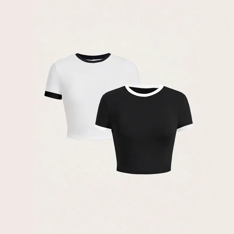 Warehouse  Foreign Trade Contrast Color Round Neck Spice Girl Short-sleeved T-shirt Women's Summer Slim-fit Slimming Navel-exposed High Waist Short Top