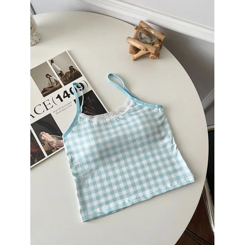 American Short Plaid Slim Fit Beautiful Back Suspender Summer Top With Breast Pad Factory Wholesale Direct Sales