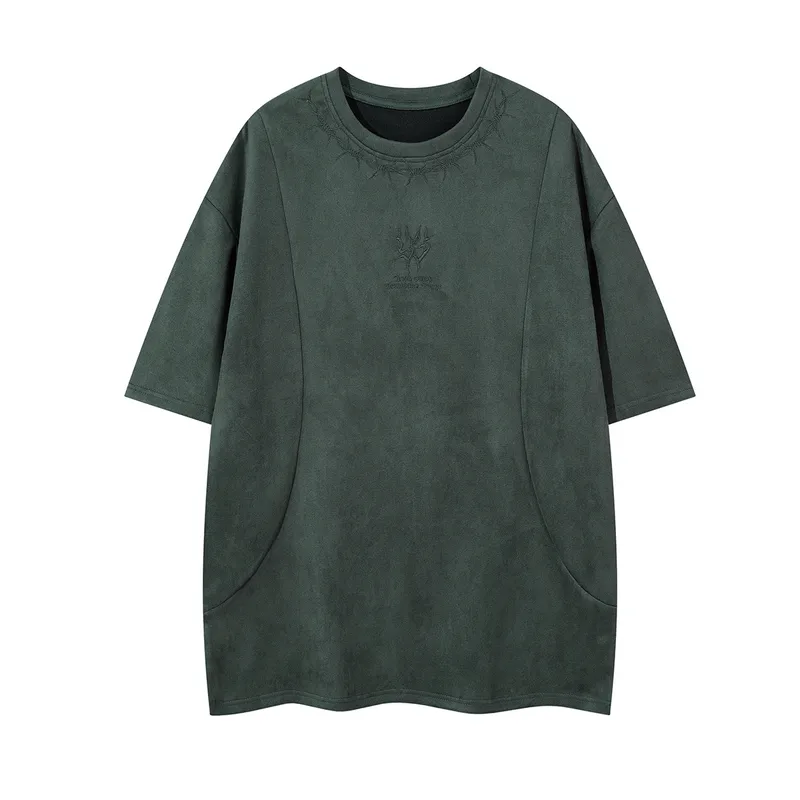 Jiayiku  Summer T-shirt Men's American Street Dark Tide Brand Tee Thorn Embroidered Suede T-shirt Short Sleeve