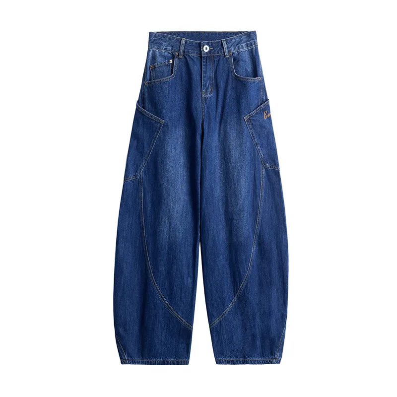 Jiayiku Trendy Brand  American Scimitar Design Retro Washed Jeans Straight-Leg Personalized Cleanfit Pants