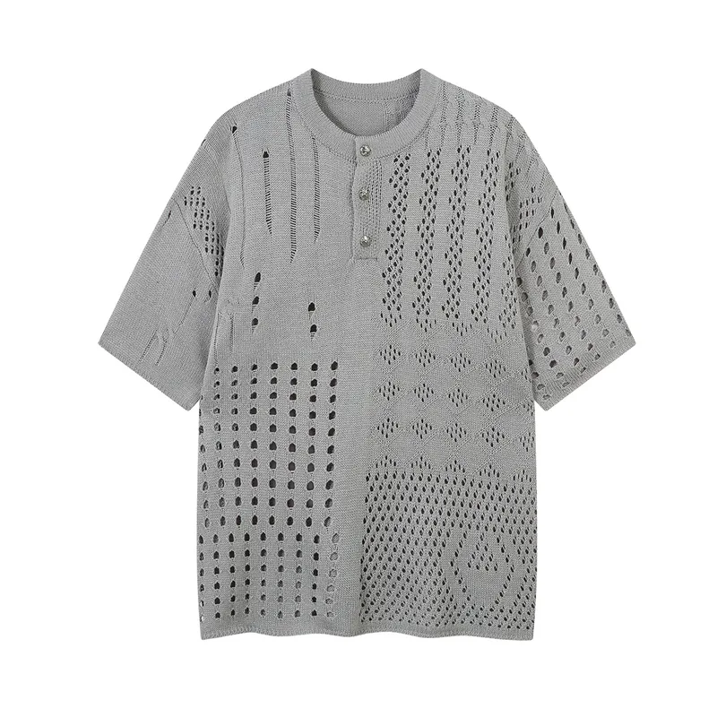 Jiayiku Men's  Hole-Hole Knitted T-Shirt Men's High-end Sense Duffy Handsome American Retro Trendy T-Shirt With Short Sleeves