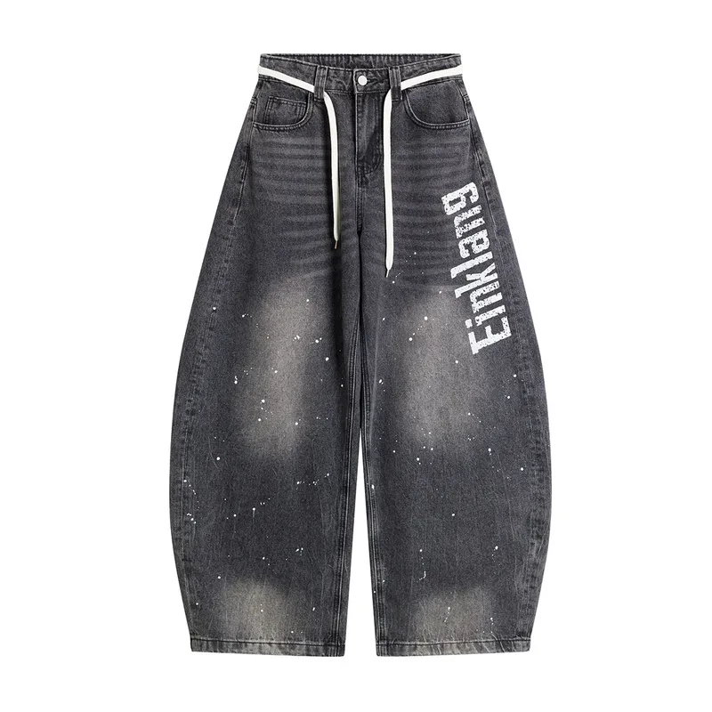 Jiayiku Trendy Brand  New American Retro Inkjet Washed Personalized Scimitar Jeans Loose Wide-Leg Pants