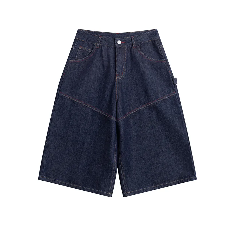 Jiayiku  New Denim Pants Men's American Style Trendy Brand Washed Denim Shorts Loose Wide Leg Pants