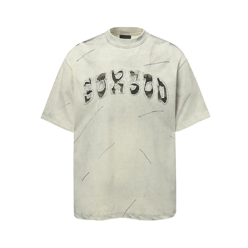 Jiayiku Men's  Summer High Street American Retro Trendy Brand Waste Soil Wind Washing Dirty Dye Cut T-shirt Short Sleeve