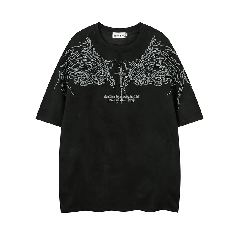 Jiayiku  Summer T-Shirt Men's American Street Dark Fashion Brand Skull Skeleton Embroidered Suede Short-Sleeved T-Shirt