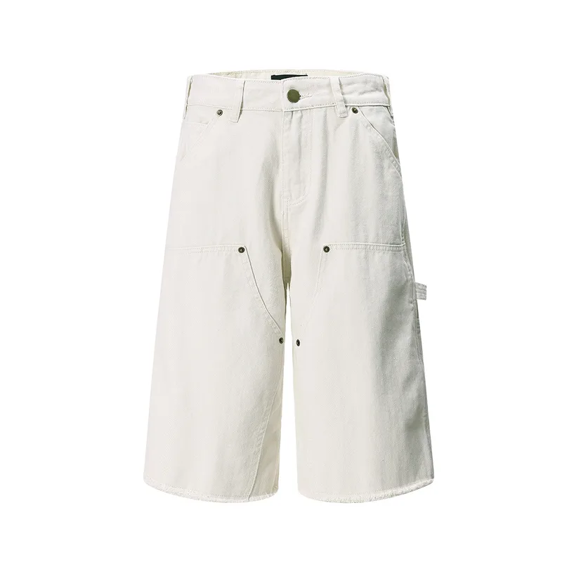 Jiayiku Men's  American Retro Rivet Cutting Wood Fold Denim Shorts Men's Washed Damaged Five-point Pants