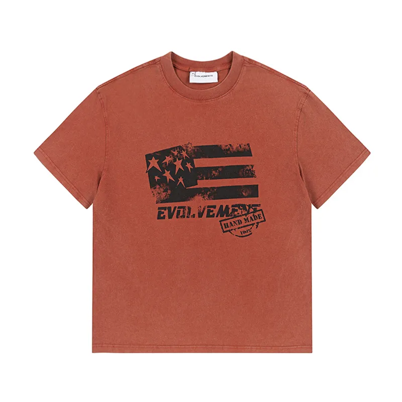 Jiayiku Men's  Summer American Retro Fashion Brand Heavy Washed Tee Stars And Stripes Graffiti Short-sleeved T-shirt For Men