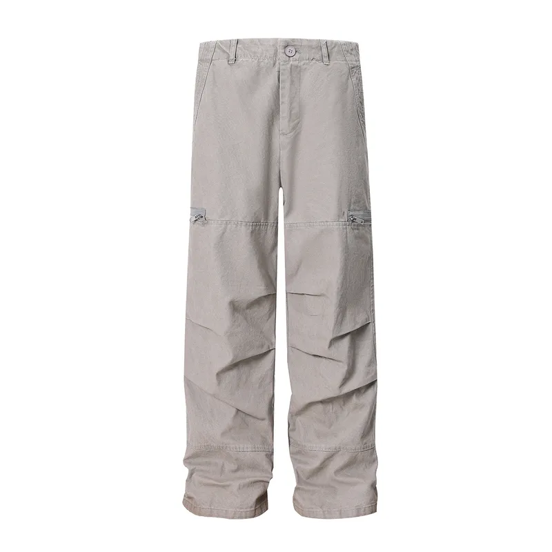 Jiayiku Men's Clothing  American Vintage Washed Antique Pleated Design Crowdwork Pants Straight Casual Trousers For Men And Women