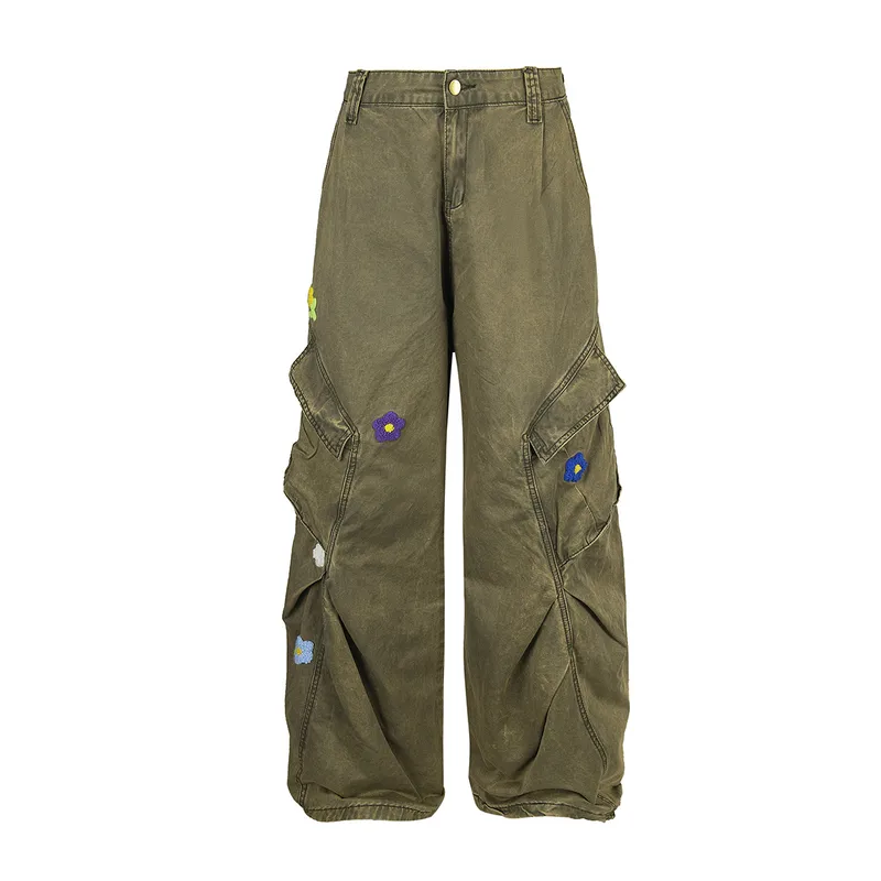 Jiayiku Men's Clothing  High Street American Style Trendy Brand Heavy Washed Flower Embroidered Caught Pants Straight-barrel Wide-leg Pants