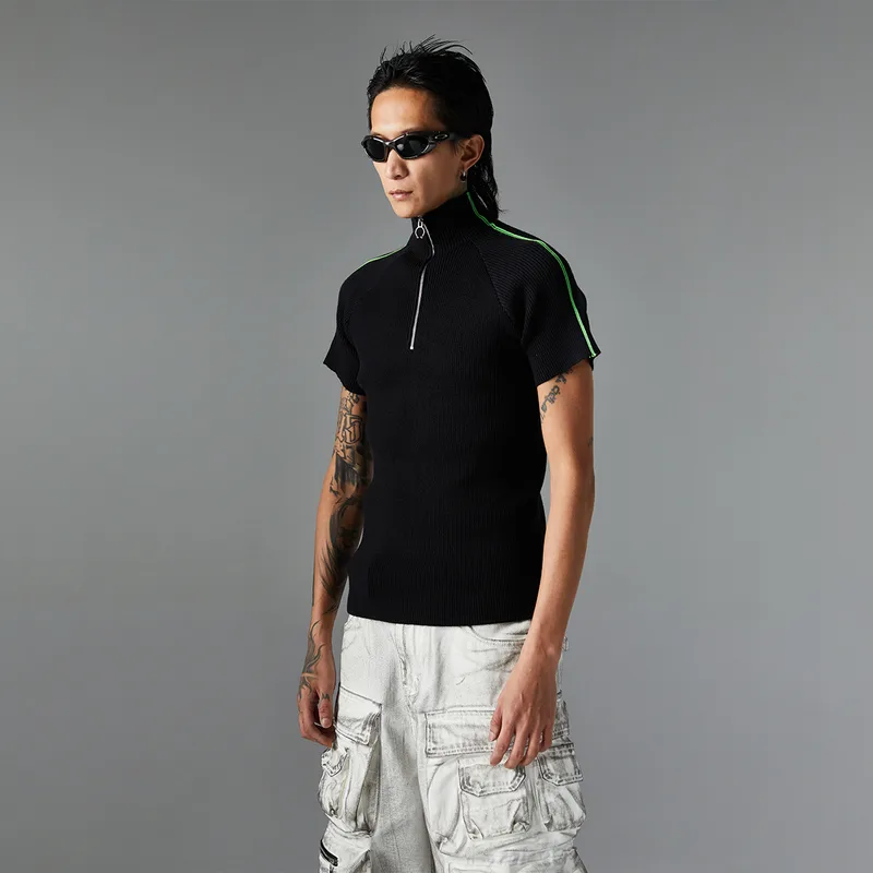 Jiayiku Men's  Summer  Light Luxury Threaded Base Shirt Solid Color Half Open Neck Slim-fit Short-sleeved T-shirt For Men