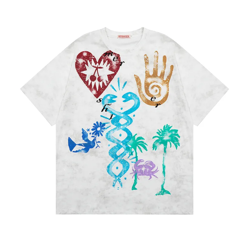 Jiayiku Fashion Brand  Summer New American Retro Couple T-shirt Loose Creative Printing Men's And Women's Short-sleeved T-shirt
