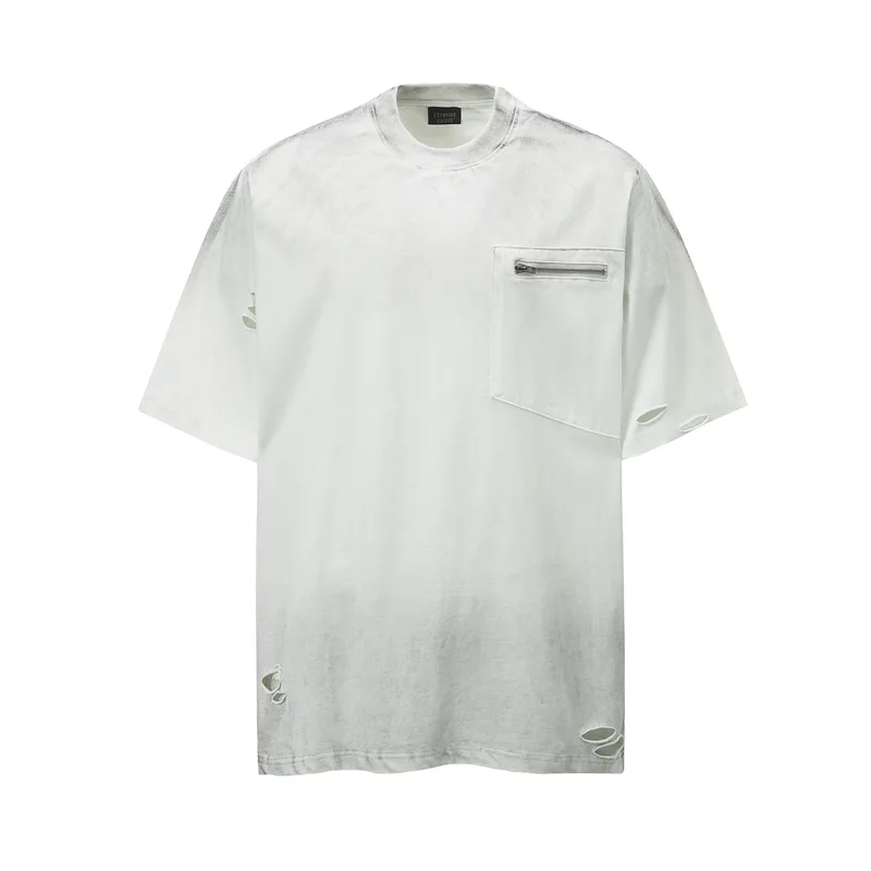 Jiayiku Men's  Summer American Retro Trendy Brand Washed Tee Dirty Dye Old Cut Hole Short-sleeved T-shirt For Men
